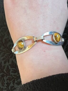 Vintage Sterling Silver Tiger Eye Link Bracelet